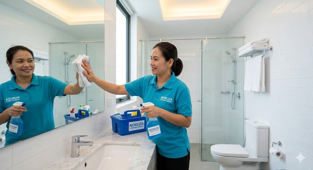 Norliza cleaner wiping a bathroom mirror