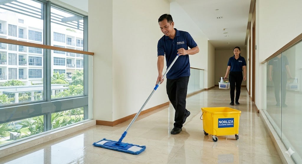 Norliza cleaner mopping a bright corridor
